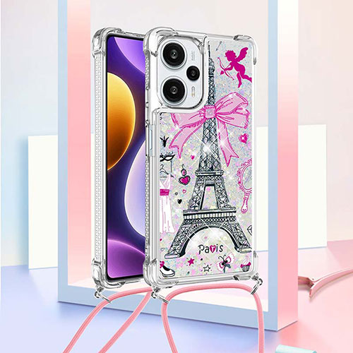 Silicone Candy Rubber TPU Bling-Bling Soft Case Cover with Lanyard Strap YB2 for Xiaomi Redmi Note 12 Turbo 5G Rose Gold