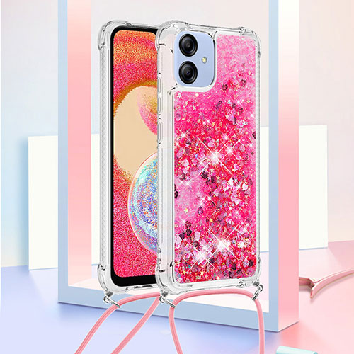 Silicone Candy Rubber TPU Bling-Bling Soft Case Cover with Lanyard Strap YB3 for Samsung Galaxy A04 4G Hot Pink
