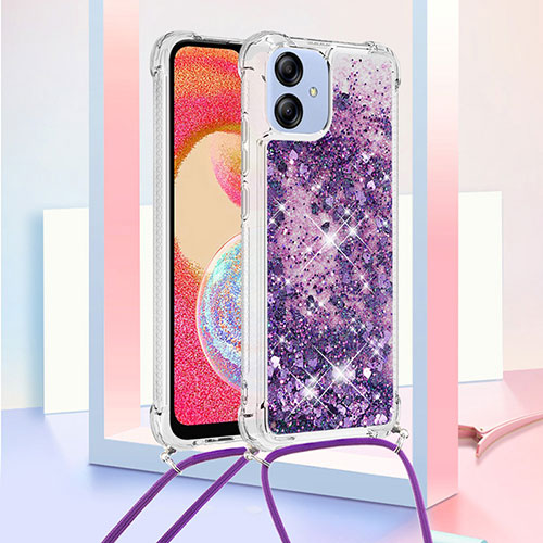Silicone Candy Rubber TPU Bling-Bling Soft Case Cover with Lanyard Strap YB3 for Samsung Galaxy A04 4G Purple