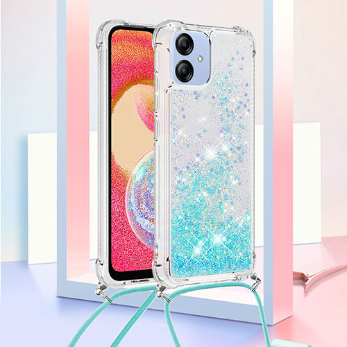 Silicone Candy Rubber TPU Bling-Bling Soft Case Cover with Lanyard Strap YB3 for Samsung Galaxy A04 4G Sky Blue