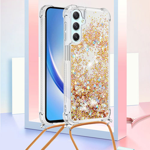 Silicone Candy Rubber TPU Bling-Bling Soft Case Cover with Lanyard Strap YB3 for Samsung Galaxy A24 4G Gold