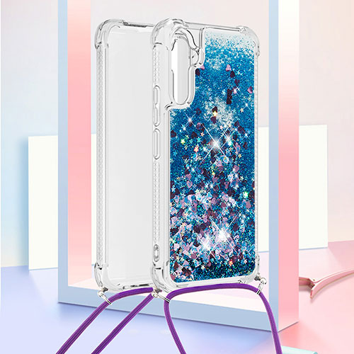 Silicone Candy Rubber TPU Bling-Bling Soft Case Cover with Lanyard Strap YB3 for Samsung Galaxy A34 5G Blue