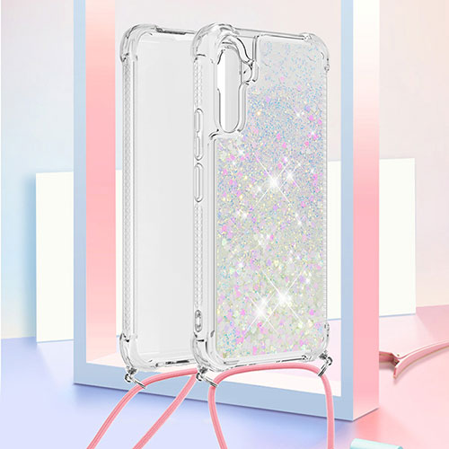 Silicone Candy Rubber TPU Bling-Bling Soft Case Cover with Lanyard Strap YB3 for Samsung Galaxy A34 5G Silver