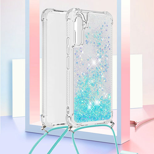 Silicone Candy Rubber TPU Bling-Bling Soft Case Cover with Lanyard Strap YB3 for Samsung Galaxy A34 5G Sky Blue