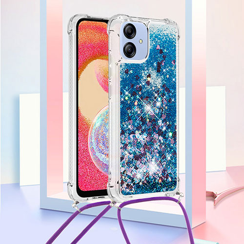 Silicone Candy Rubber TPU Bling-Bling Soft Case Cover with Lanyard Strap YB3 for Samsung Galaxy M04 Blue