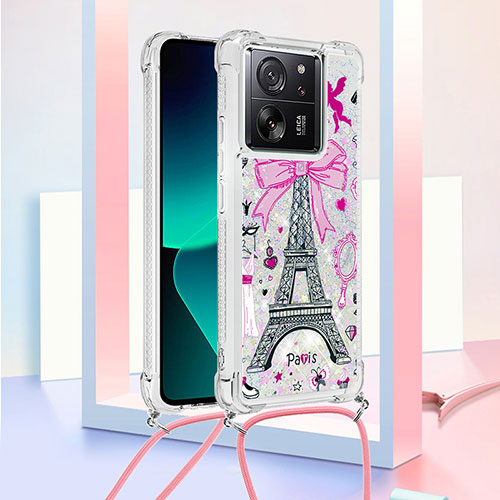 Silicone Candy Rubber TPU Bling-Bling Soft Case Cover with Lanyard Strap YB3 for Xiaomi Mi 13T 5G Rose Gold