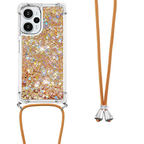 Silicone Candy Rubber TPU Bling-Bling Soft Case Cover with Lanyard Strap YB3 for Xiaomi Poco F5 5G Gold