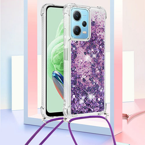 Silicone Candy Rubber TPU Bling-Bling Soft Case Cover with Lanyard Strap YB3 for Xiaomi Poco X5 5G Purple