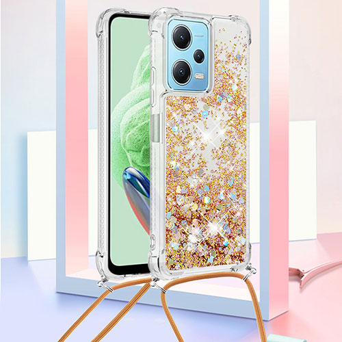 Silicone Candy Rubber TPU Bling-Bling Soft Case Cover with Lanyard Strap YB3 for Xiaomi Redmi Note 12 5G Gold