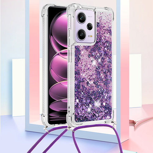 Silicone Candy Rubber TPU Bling-Bling Soft Case Cover with Lanyard Strap YB3 for Xiaomi Redmi Note 12 Pro 5G Purple