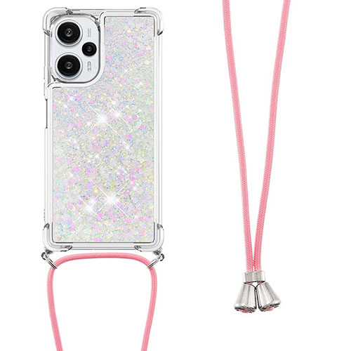 Silicone Candy Rubber TPU Bling-Bling Soft Case Cover with Lanyard Strap YB3 for Xiaomi Redmi Note 12 Turbo 5G Silver