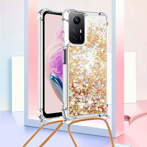 Silicone Candy Rubber TPU Bling-Bling Soft Case Cover with Lanyard Strap YB3 for Xiaomi Redmi Note 12S Gold