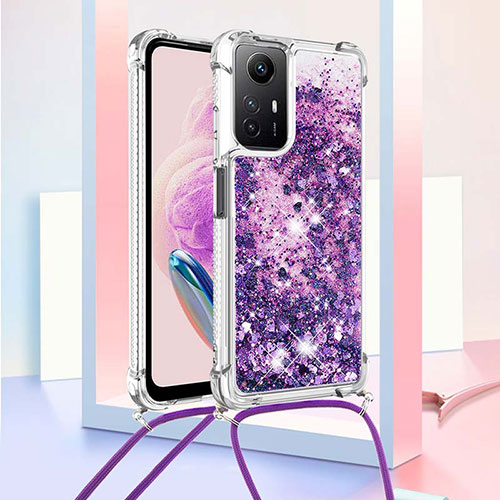 Silicone Candy Rubber TPU Bling-Bling Soft Case Cover with Lanyard Strap YB3 for Xiaomi Redmi Note 12S Purple