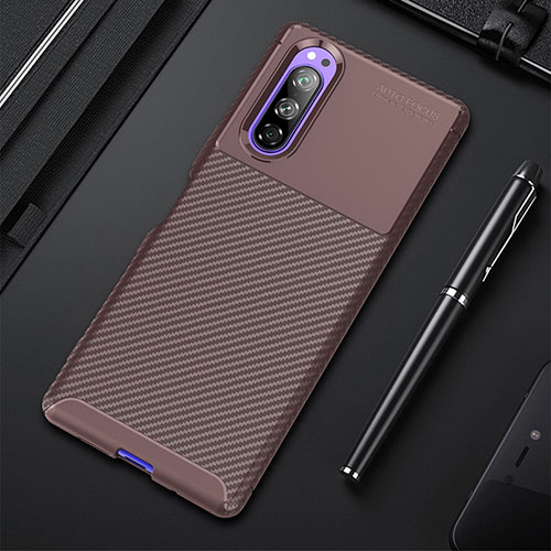 Silicone Candy Rubber TPU Twill Soft Case Cover for Sony Xperia 5 Brown