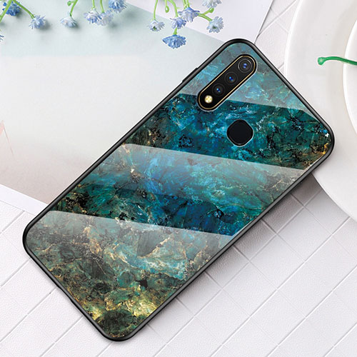 Silicone Frame Fashionable Pattern Mirror Case Cover for Vivo iQOO U3 4G Blue