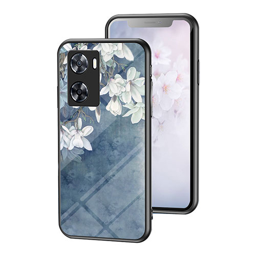 Silicone Frame Flowers Mirror Case Cover for Oppo A77 4G Blue