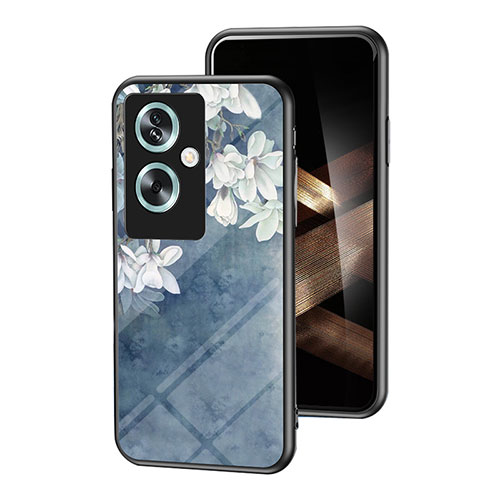 Silicone Frame Flowers Mirror Case Cover for Oppo A79 5G Blue