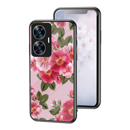 Silicone Frame Flowers Mirror Case Cover for Realme Narzo N55 Red