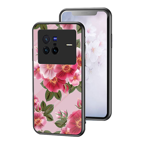 Silicone Frame Flowers Mirror Case Cover for Vivo X80 5G Red