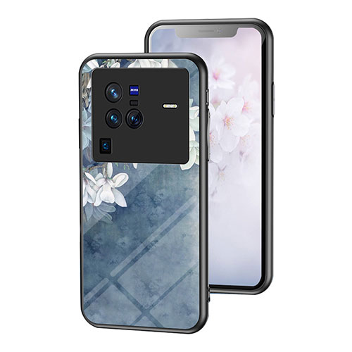 Silicone Frame Flowers Mirror Case Cover for Vivo X80 Pro 5G Blue