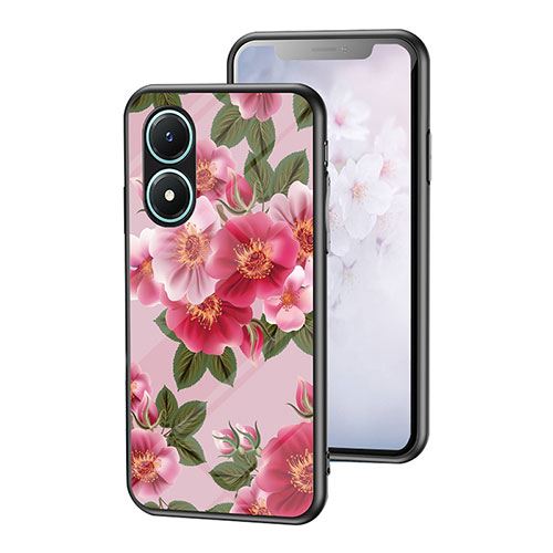 Silicone Frame Flowers Mirror Case Cover for Vivo Y02S Red