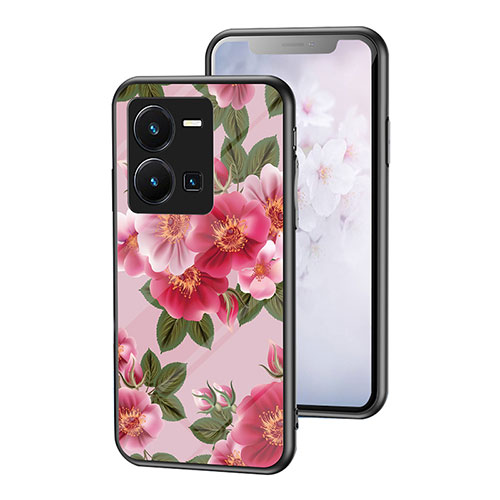 Silicone Frame Flowers Mirror Case Cover for Vivo Y35 4G Red