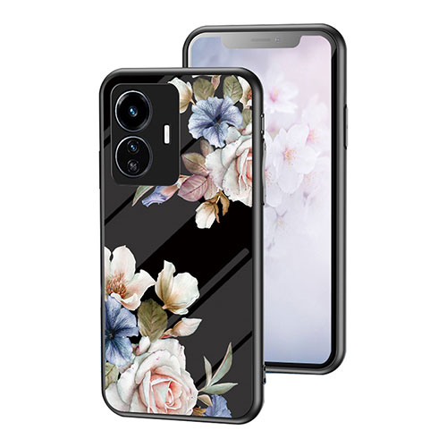 Silicone Frame Flowers Mirror Case Cover for Vivo Y77e 5G Black