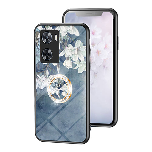 Silicone Frame Flowers Mirror Case Cover S01 for Oppo A77 4G Blue