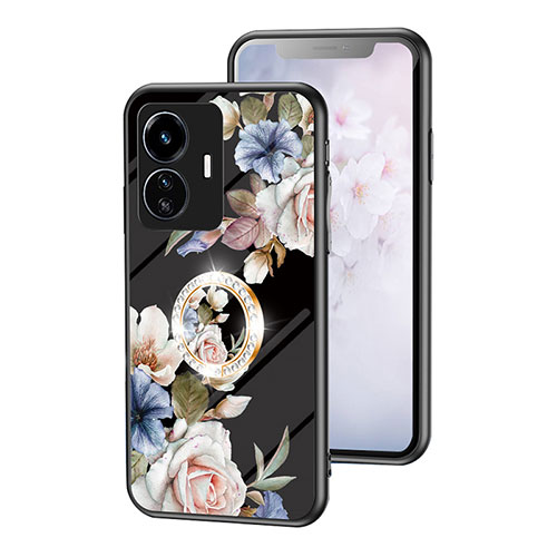 Silicone Frame Flowers Mirror Case Cover S01 for Vivo iQOO Z6 Lite 5G Black