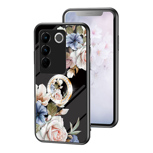 Silicone Frame Flowers Mirror Case Cover S01 for Vivo V27 5G Black