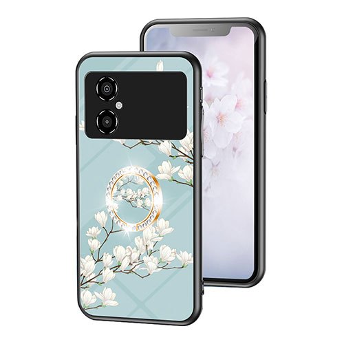 Silicone Frame Flowers Mirror Case Cover S01 for Xiaomi Poco M4 5G Cyan