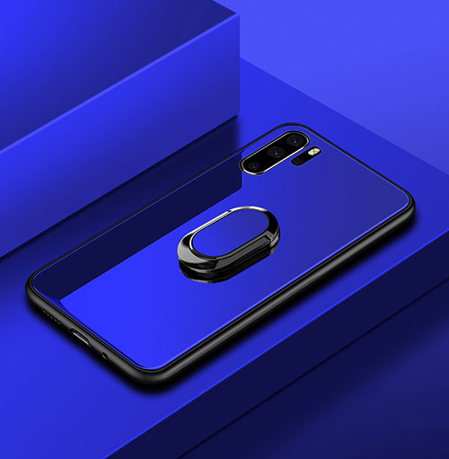 Silicone Frame Mirror Case Cover with Finger Ring Stand for Huawei P30 Pro New Edition Blue