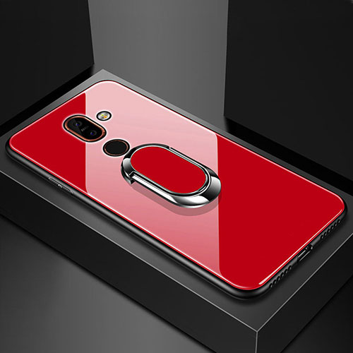 Silicone Frame Mirror Case Cover with Finger Ring Stand for Nokia 7 Plus Red