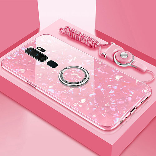 Silicone Frame Mirror Case Cover with Magnetic Finger Ring Stand A01 for Oppo A11 Pink