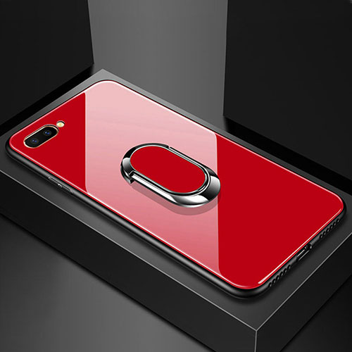 Silicone Frame Mirror Case Cover with Magnetic Finger Ring Stand A01 for Oppo A12e Red