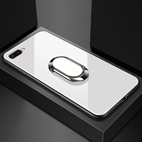 Silicone Frame Mirror Case Cover with Magnetic Finger Ring Stand A01 for Oppo A5 White