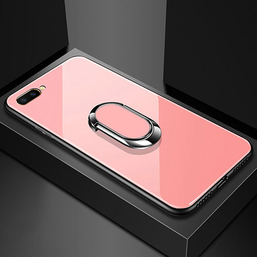 Silicone Frame Mirror Case Cover with Magnetic Finger Ring Stand A01 for Oppo AX5 Pink