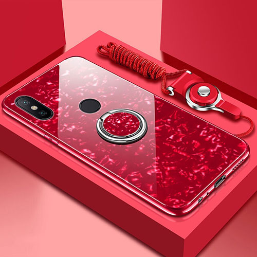 Silicone Frame Mirror Case Cover with Magnetic Finger Ring Stand A01 for Xiaomi Mi A2 Red