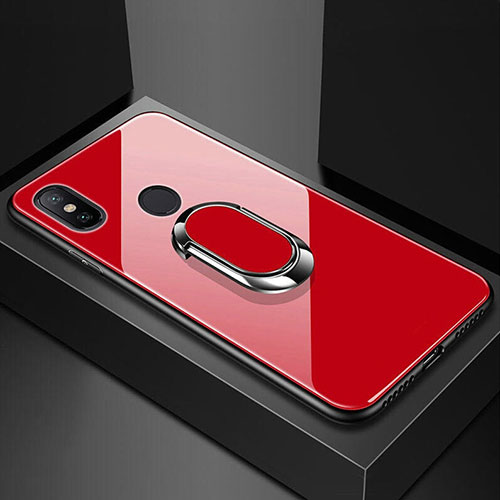 Silicone Frame Mirror Case Cover with Magnetic Finger Ring Stand A01 for Xiaomi Redmi 6 Pro Red