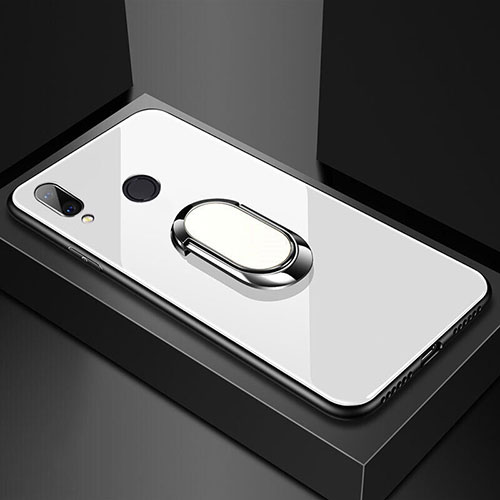 Silicone Frame Mirror Case Cover with Magnetic Finger Ring Stand for Huawei Nova 3e White