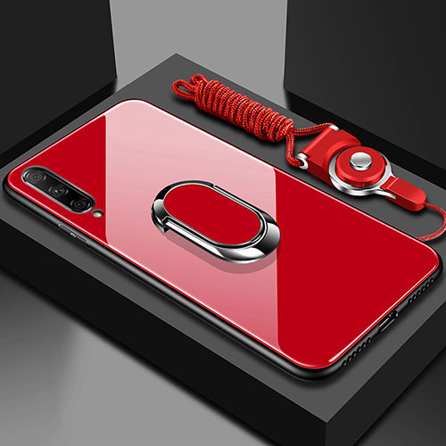 Silicone Frame Mirror Case Cover with Magnetic Finger Ring Stand for Huawei P Smart Pro (2019) Red