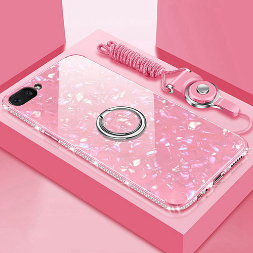 Silicone Frame Mirror Case Cover with Magnetic Finger Ring Stand for Oppo A5 Pink