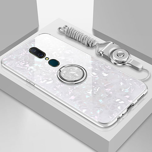 Silicone Frame Mirror Case Cover with Magnetic Finger Ring Stand for Oppo A9X White