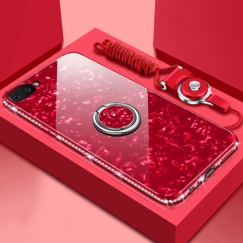 Silicone Frame Mirror Case Cover with Magnetic Finger Ring Stand for Oppo AX5 Red