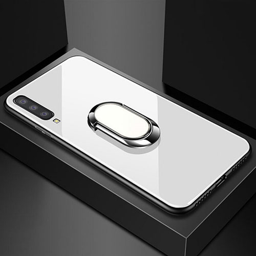 Silicone Frame Mirror Case Cover with Magnetic Finger Ring Stand for Samsung Galaxy A70 White