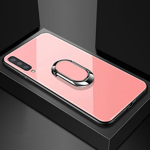 Silicone Frame Mirror Case Cover with Magnetic Finger Ring Stand for Samsung Galaxy A70S Rose Gold