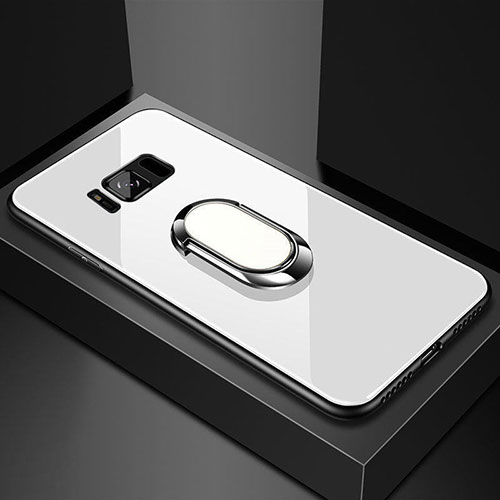 Silicone Frame Mirror Case Cover with Magnetic Finger Ring Stand for Samsung Galaxy S8 Plus White