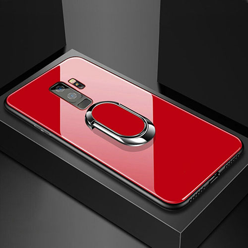 Silicone Frame Mirror Case Cover with Magnetic Finger Ring Stand for Samsung Galaxy S9 Plus Red