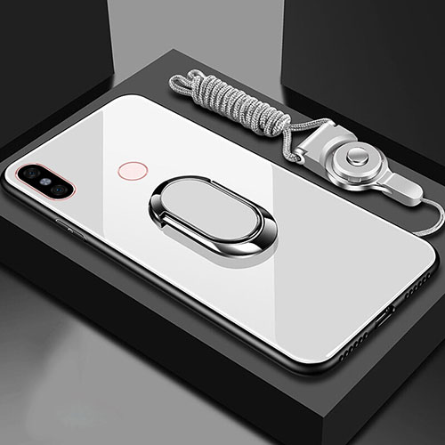 Silicone Frame Mirror Case Cover with Magnetic Finger Ring Stand for Xiaomi Mi 6X White