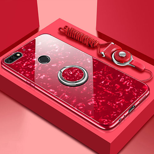 Silicone Frame Mirror Case Cover with Magnetic Finger Ring Stand M01 for Huawei Enjoy 8e Red